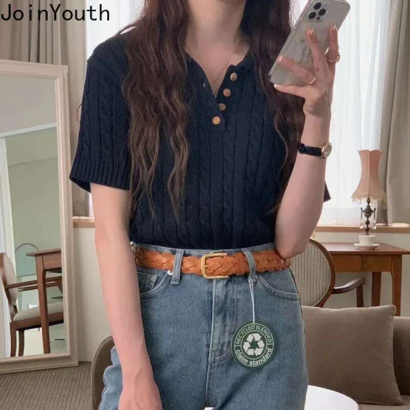 Knitted Woman Tshirts 2025 Ropa Mujer Turndown Collar Short Sleeve White Tees Fashion Ribbed Casual T Shirt Tunic Korean Tops