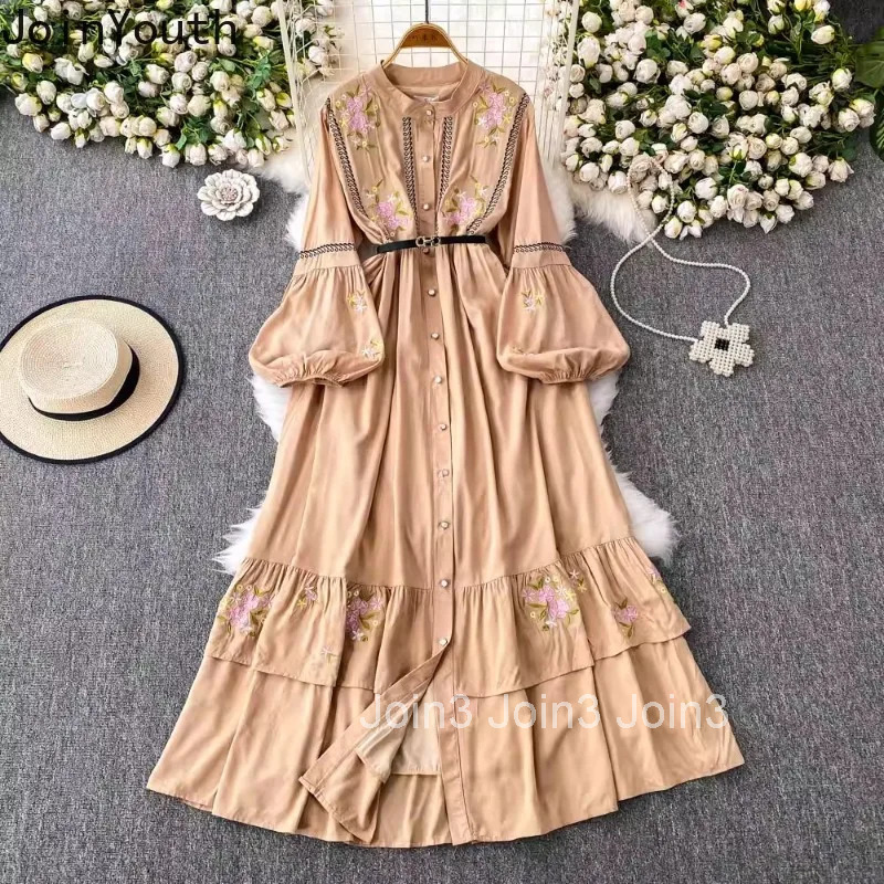 Vintage Dresses Women Clothing Lantern Sleeve Single Breasted O-neck Robe Femme A-line Big Swing Floral Embroidery Maxi Dress