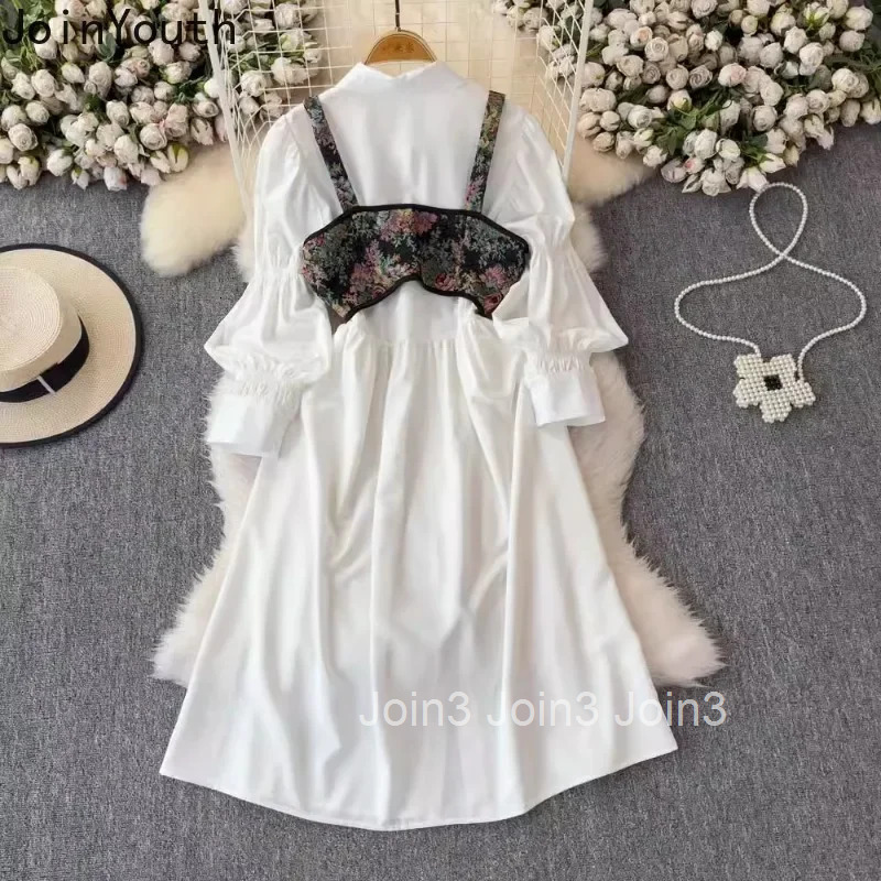Dress Outfits Fashion Two Piece Sets Long Sleeve Folds Shirt Dress Bandage Floral Vest Suit Roupas Femme Sweet Korean Women Set