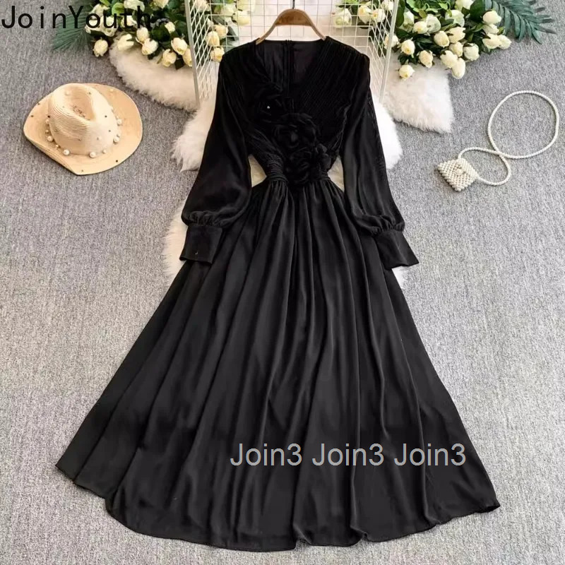 Maxi Woman Dress Slim Waist Temperament Robe Femme 2025 Vestidos De Mujer V-neck Long Sleeve 3D Floral Summer Vintage Dresses