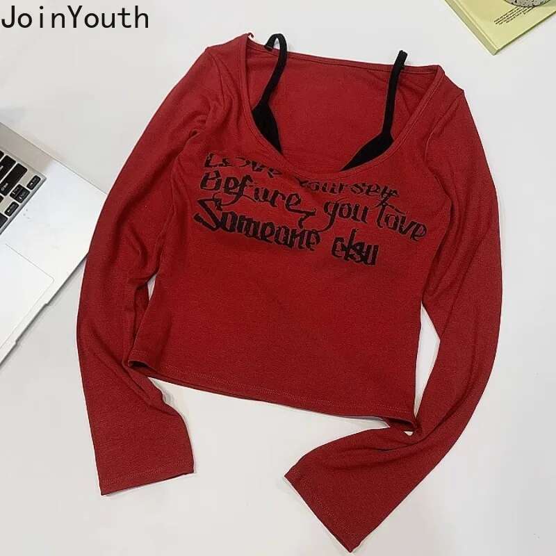 Women Clothes Fake Two Tshirts Tunic Long Sleeve Camisetas Letter Print Tees 2025 Ropa Mujer Casual Fashion Korean T Shirt Tops