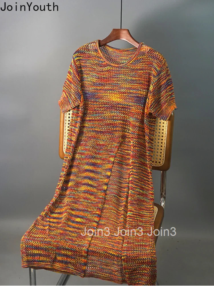 Knitted Dresses for Women Korean Summer Robe Femme 2025 Vestidos De Mujer Short Sleeve Split Hollow Out Thin Fashion Y2k Dress