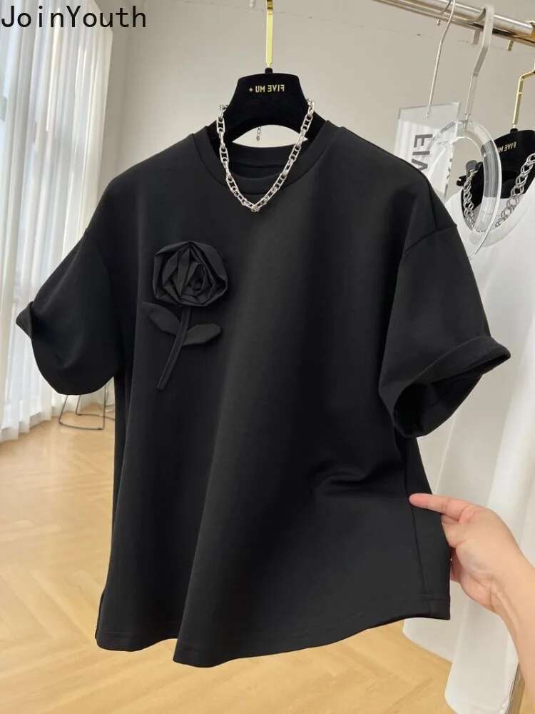 Women Clothing 3D Floral Cotton Tshirts Chic Summer Tees 2025 Ropa Mujer Short Sleeve O-neck T2k Tops Streetwear White T-shirt
