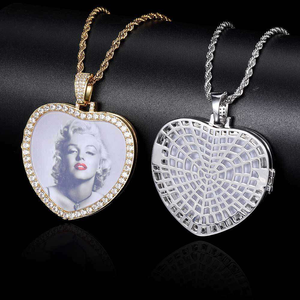 Hip Hop Hollow Flip Cover Heart Pendant Micro Paved Zircon Personality Photo Necklace 1405