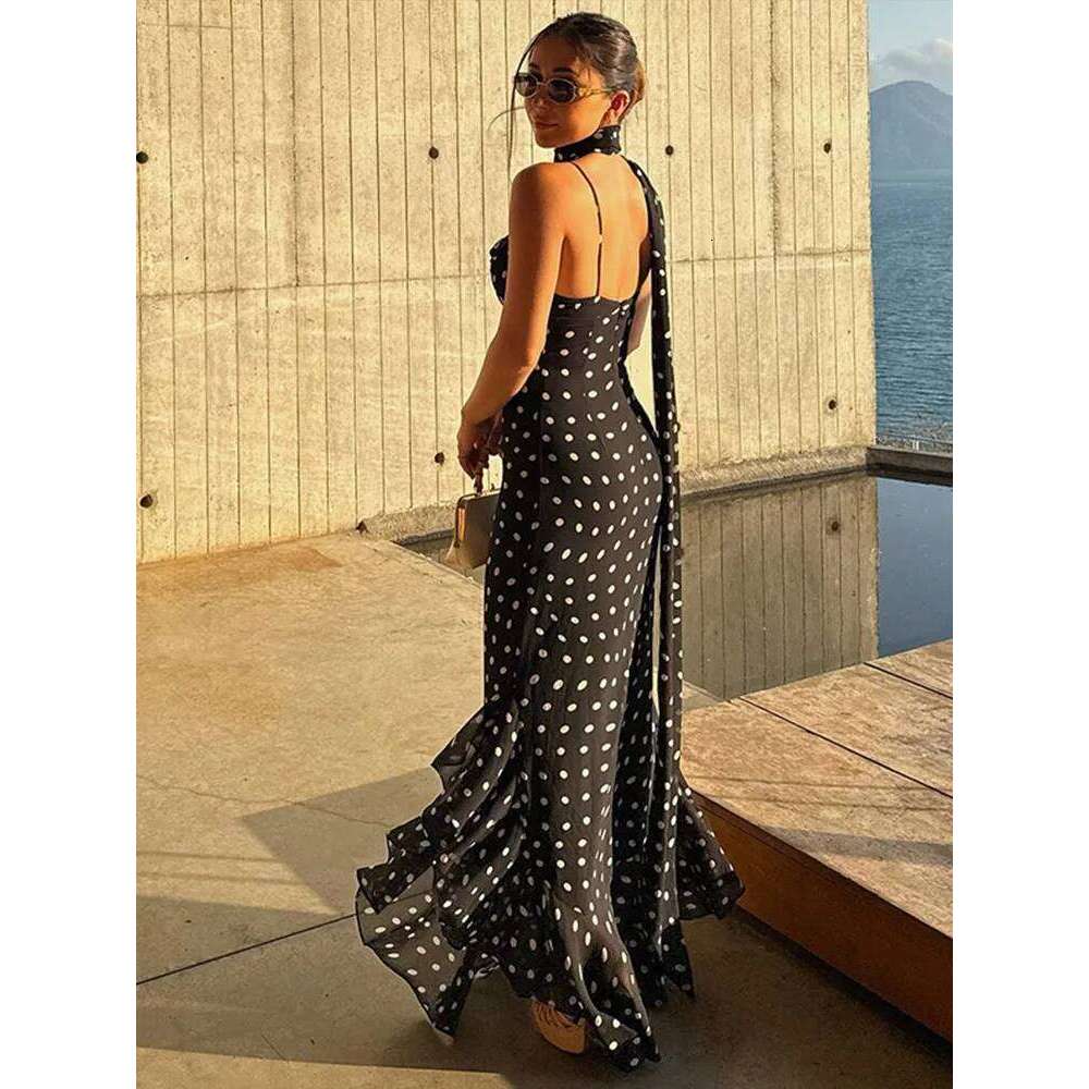 Retro Polk Dot Long Dress With Ribbon Women Sexy Low Cut Sleeveless Pleated Slim Evening Dresses Female Spring Chic Street Party