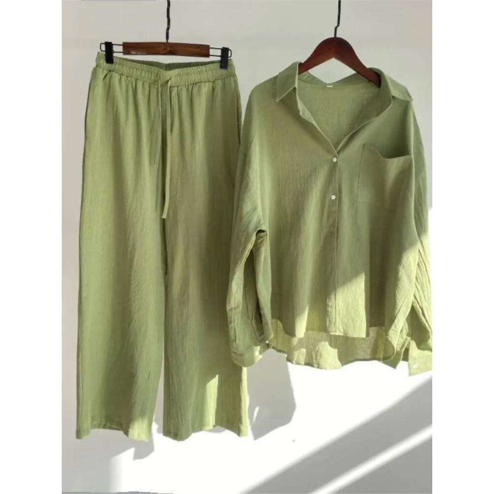 Designer Leisure High Quality Spring Summer Two Long Sleeve Shirt Women's Suit Fashion Button Casual Female Wide Leg Pants 2 Piece Sets