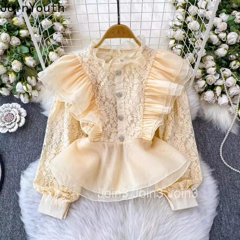 Sweet Blouse Womens Clothing 2025 Camisas De Mujer Slim Waist Stand Neck Patchrk Lace Shirts Ruffles Fashion Summer Crop Tops