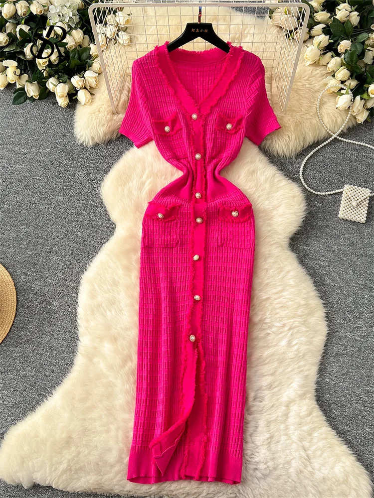 SINGREINY High Quality Elastic Knitted Long Sundress Women Short Sleeves Button Office Lady Vintage Split Slim Dress 250617