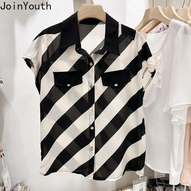 2025 Womenn Clothing Contrast Color Striped Shirts Camisas De Mujer Chiffon Summer Blouses Oversized Tops Vintage Blouse 63e234