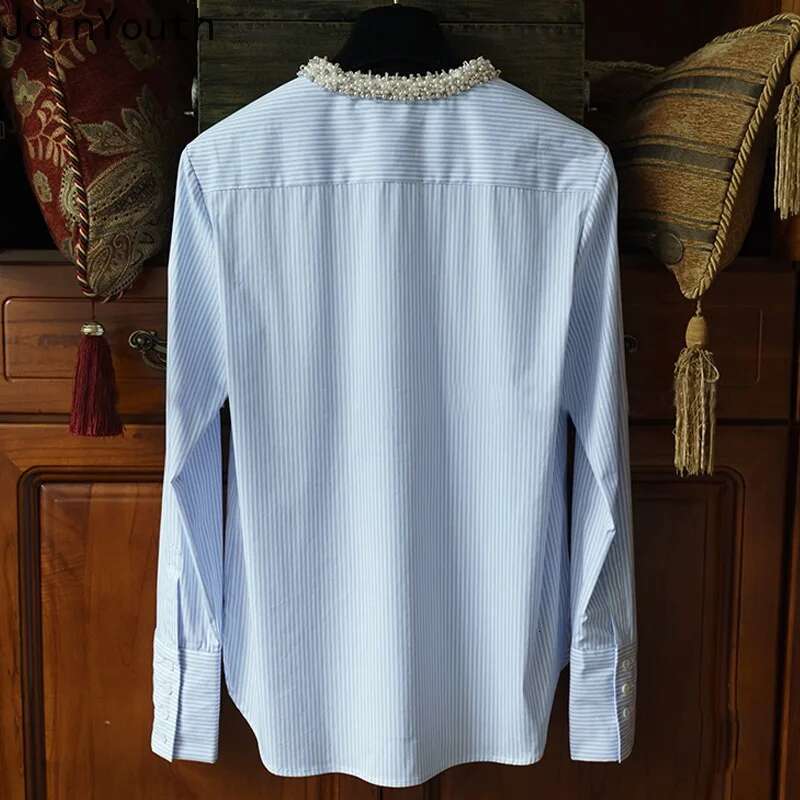 Women Clothing Striped Shirt Heavy Beading O-neck Long Sleeve Blouses Temperament Tops Loose Fashion Blouse Camisas De Mujer