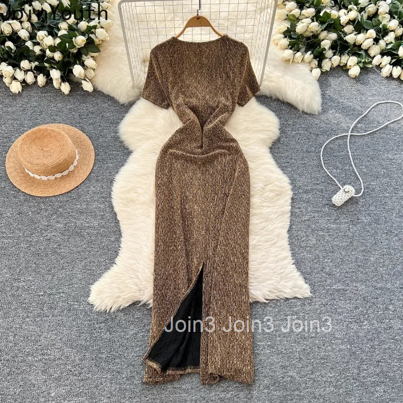 Summer Woman Dress Short Sleeve V-neck Tunic Korean Robe Femme High Waist Diamond Split Bodycon Dresses 2025 Vestidos De Mujer
