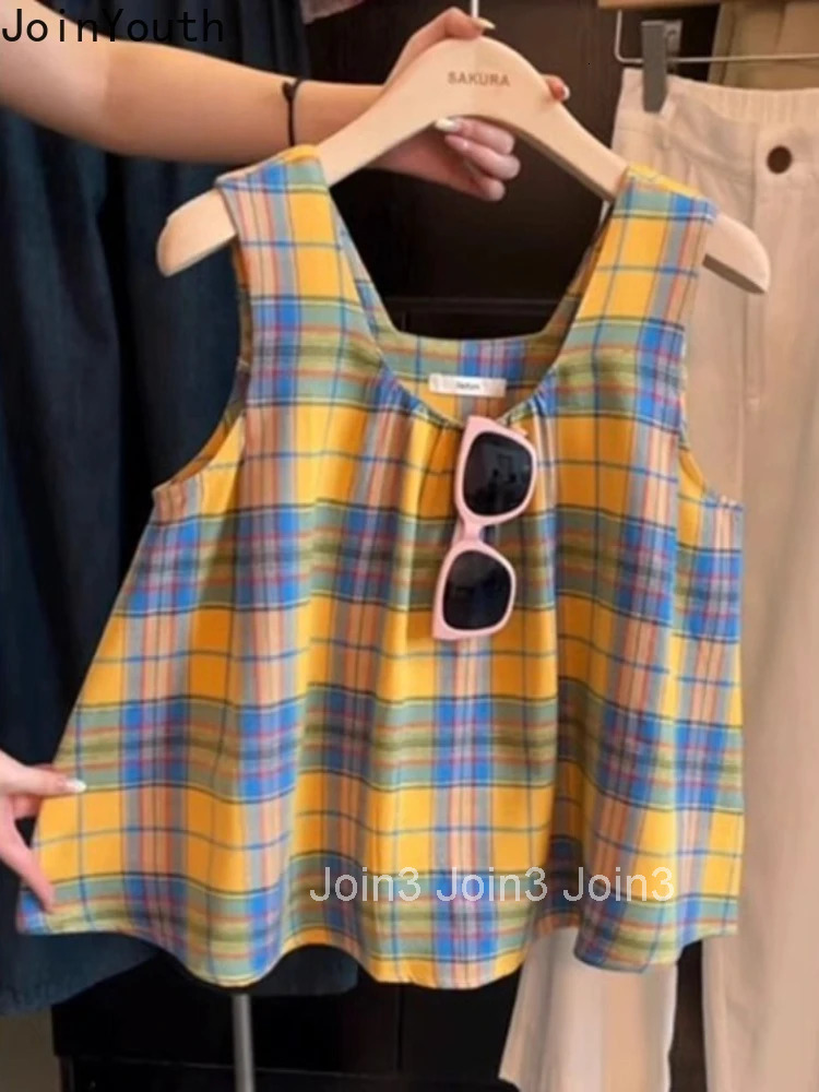 Vintage Plaid Vest 2025 Ropa Mujer Loose O-neck Korean Sleeveless Tanks Summer Tees Womens Clothing Fashion Sweet Crop Tops