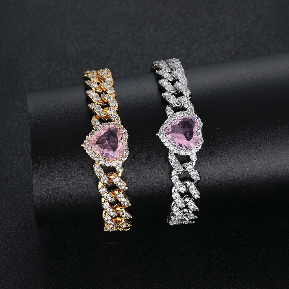 10mm Pink Zircon Accessories Hip Hop Heart Cuban Chain Women's Bracelet 0656