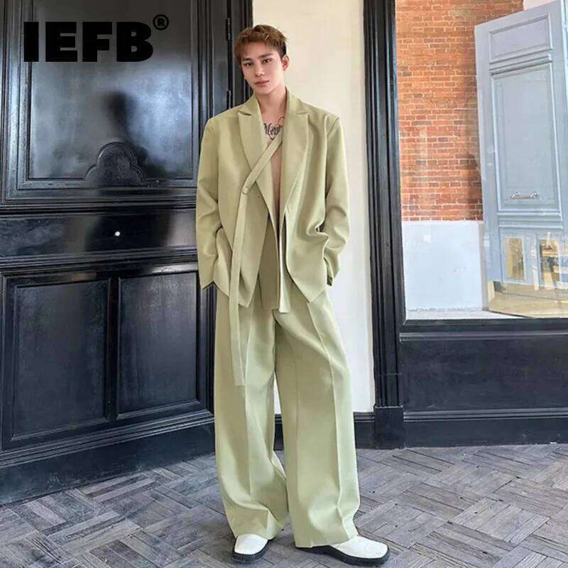 IEFB Niche Design Men's Two-Piece Solid Color Double Layers Collar Lace-Up Blazer Casual Straight Leg Male Suit Pants Chic 9W679
