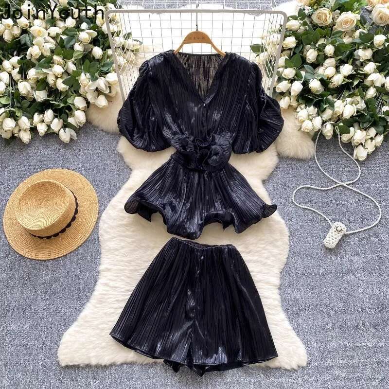 Shorts Suit Chic 2 Piece Sets Womens Outfits Slim Waist Puff Sleeve V-neck Shirts High Waist Wide Leg Shorts Set Roupas Femme