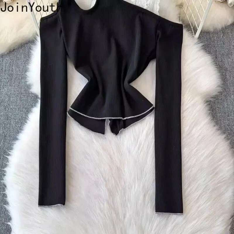 Y2k Top T Shirts Women Long Sleeve Tunic Crop Tops Ropa Mujer Patchwork Lace Fashon Sexy Tshirts Temperament Off Shoulder Tshirt