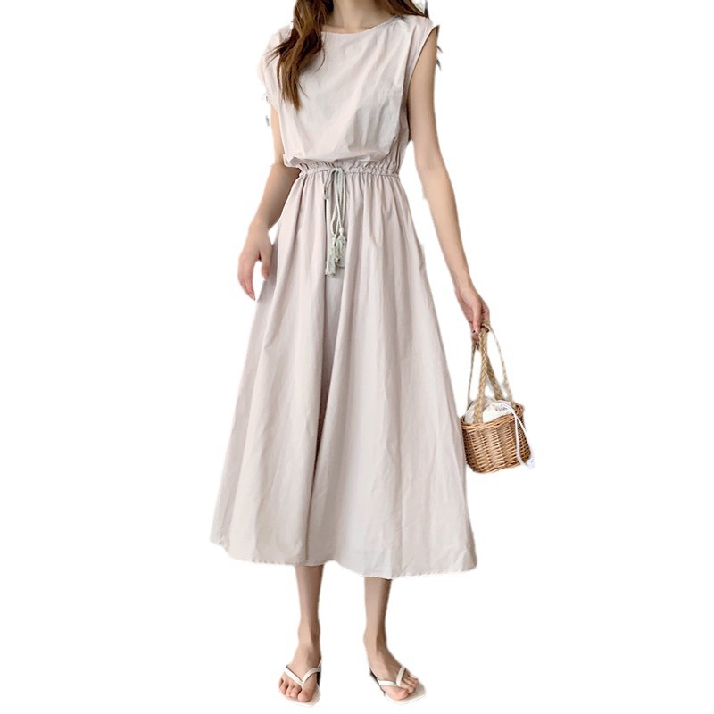 H622Dress for women in summer, gentle temperament, waist-tightening, loose-fitting, large-size cotton and linen long-swing skirt