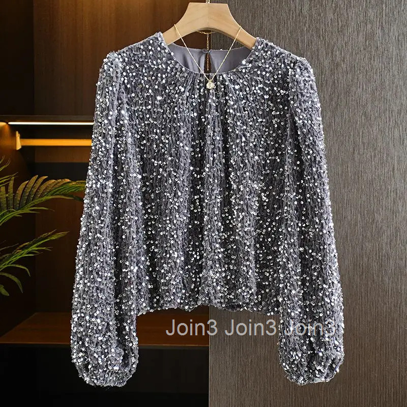O-neck Long Sleeve Blouse for Women Fashion Heavy Sequined Y2k Tops 2025 Blusas Mujer De Moda Temperament Loose Korean Shirts