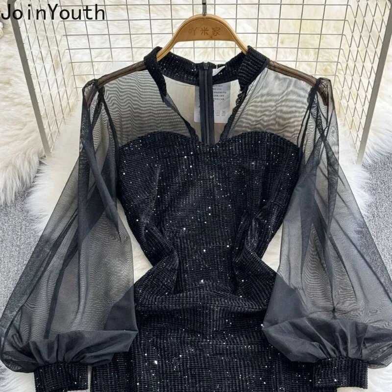 Temperament Robe Femme Black Patchwork Gauze Dress Women 2025 Vestidos De Mujer Lantern Sleeve Velvet Sequin Bodycon Dresses