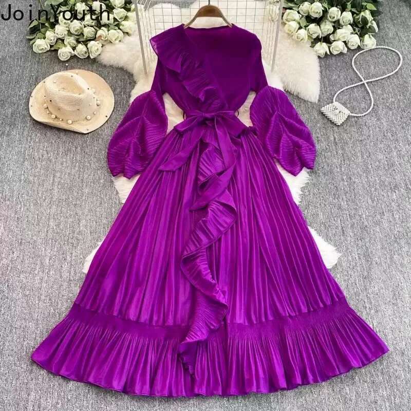 Temperament Robe Femme Ruffles Maxi Dress Women Clothes V-neck Slim Waist Big Swing Pleated Dresses 2025 Vestidos De Mujer