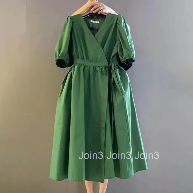 Vintage Dresses for Women Loose Temperament Robe Femme V-neck Puff Sleeve Bandage A-line Summer Dress 2025 Vestidos De Mujer