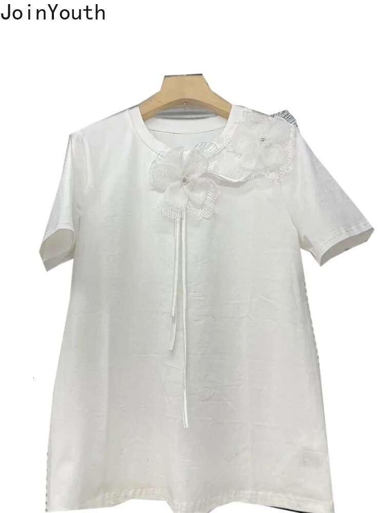 White Shirts for Women Summer T Shirts Heavy Diamond Floral Casual Tees Short Sleeve O-neck Camisetas Y2k Tops 2025 Ropa Mujer