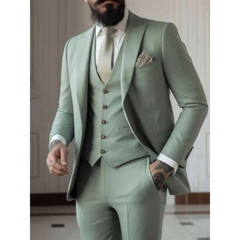 3 Piece Sage Green Men's Slim Fit Suits (Jacket+Vest+Pant) Wedding Groom Tuxedos Prom Formal Male Party Blazers