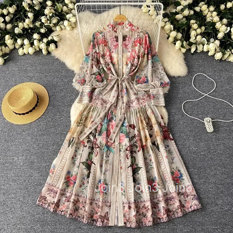 Temperament Robe Femme Vintage Long Dress Floral Big Swing Dresses Bandage Lantern Sleeve Maxi Dress Women Party Vestido