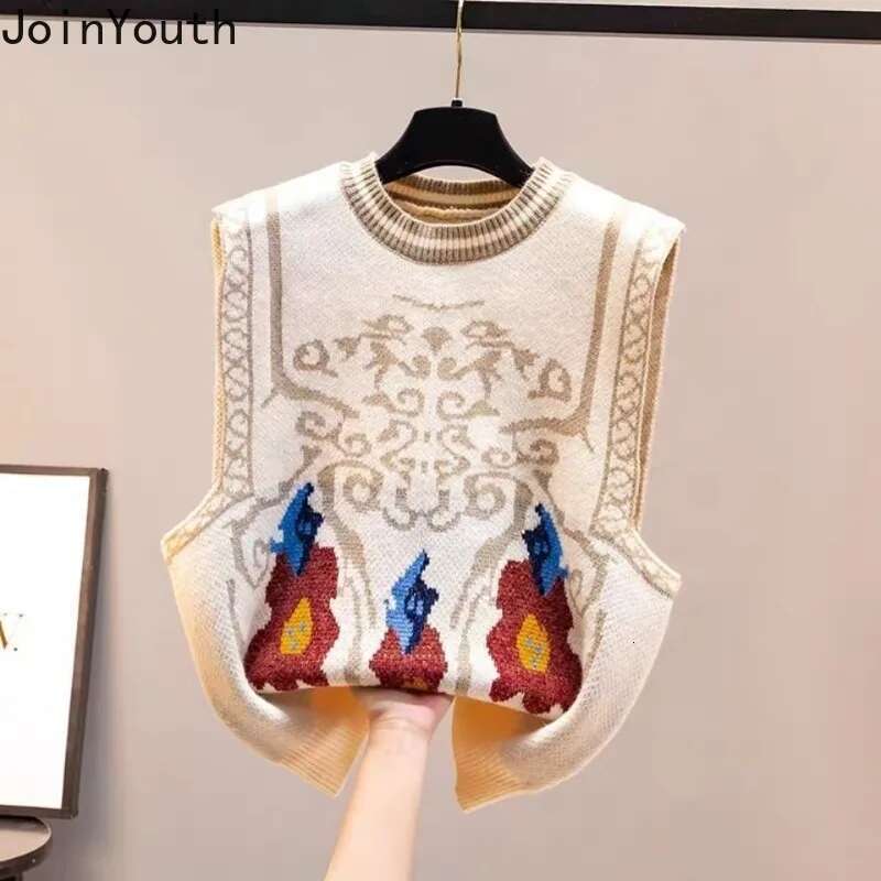 Vintage Sweater Vest Women O-neck Sleeve Vintage Knitted Tanks 2025 Ropa Mujer Crop Tops Casual Jumper Korean Fashion Waistcoat