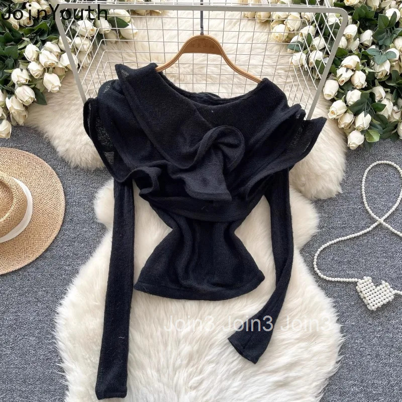 Korean Jumper Ruffles Slash Neck Pullovers Womens Clothing Long Sleeve Tunic Sueter Mujer Off Shoulder Knitted Sweater Tops