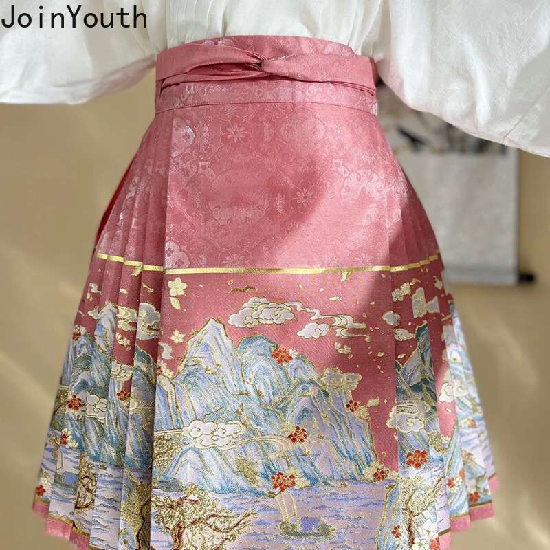2025 Faldas Mujer De Moda Vintage Skirts Women Chinese Style High Waist Tunic Jupe Embroidery Summer Saia Pleated Floral Skirt