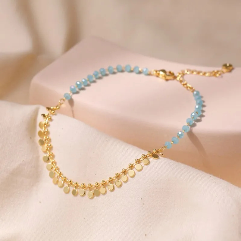 ANENJERY 18K Gold Plated Tassels Charm Anklet for Women Boho Summer Bracelet Blue Stone Beaded Handmade Jewelry Wholesale 250617