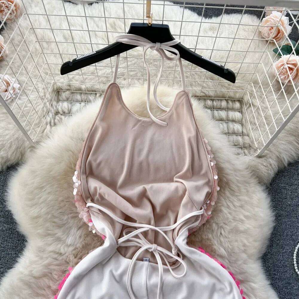 Halter Sleeveless Gradient Sequin Basic Hollow Backless Fashion Sexy Chic Elegant Party Vestidos Slim Women Dress
