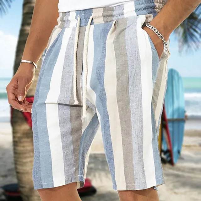 Amazon Independent Station 2025 Men's Beach Drawstring Shorts Striped 3D Print European and American Foreign Trade One Piece Direct Shipment