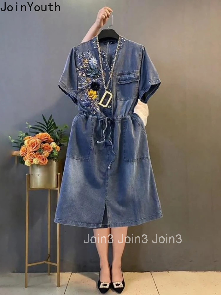 Vintage Denim Dresses for Women Heavy Beading Slim Waist Robe Femme 2025 Vestidos De Mujer Fashion Casual Summer Oversized Dress