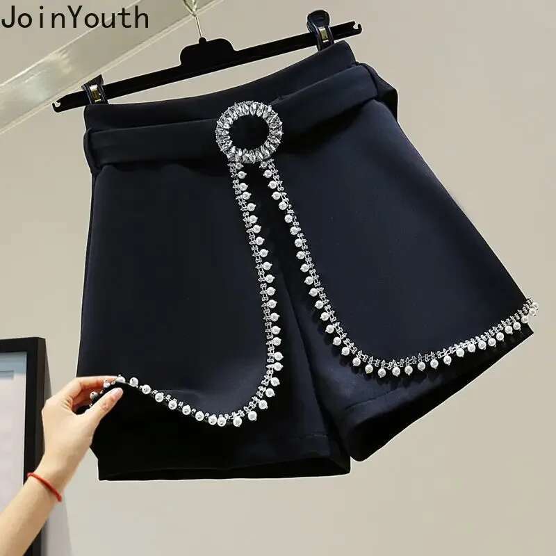 Temperament Shorts for Women 2025 New Bottoms High Waist Heavy Diamond Wide Leg Pants Summer Chic Pantalones Cortos De Mujer