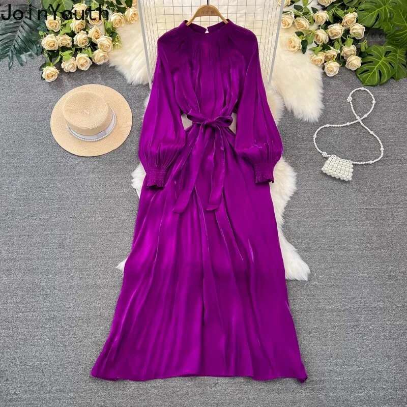 Maxi Dresses Women Temperament Lantern Sleeve Stand Neck Robe Femme 2025 Vestidos De Mujer Bandage A-line Vintage Summer Dress