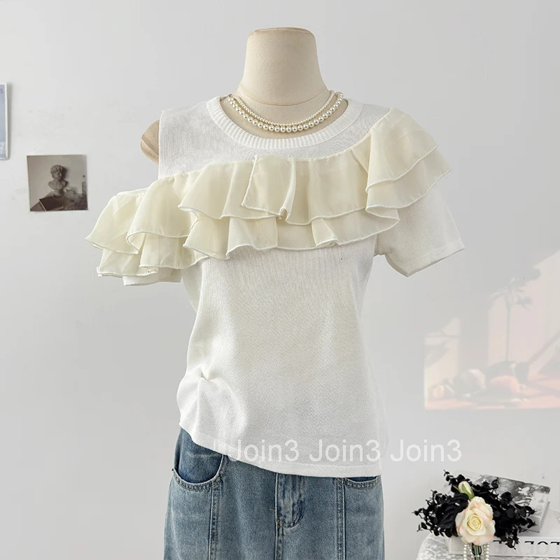 Women Clothing 2025 Ruffles Summer T Shirts Ropa Mujer Short Sleeve O-neck Camisetas Contrast Color Off Shoulder Ruffles T-shirt