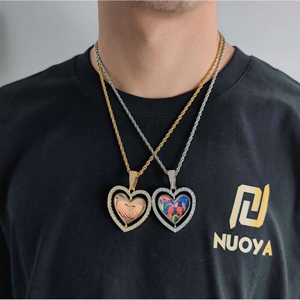 Hip Hop Rotatable Double-Sided Heart with Zircon Inlay Hollow Frame Necklace Photo Pendant 95a1