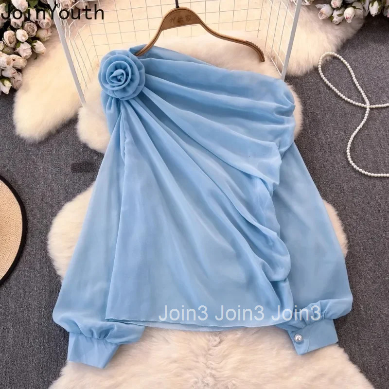 Chiffon Blouse Women 3D Floral Long Sleeve Off Shoulder Shirts 2025 Blusas Mujer De Moda Chic Looe Solid Color Sexy Blouses Tops