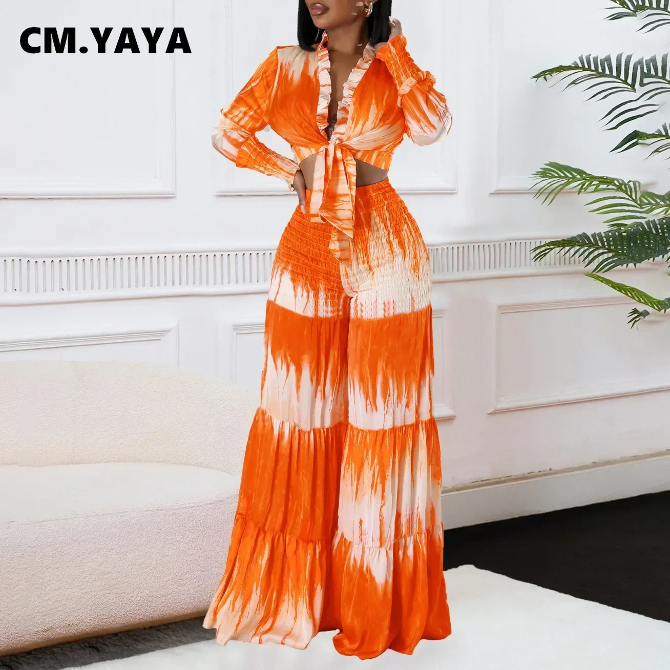 CM.YAYA Womens Set Gradient Printed Tie Up Long Sleeve Shirt wide Leg Pants Fall Street Two 2 Piece Set Outfits Tracksuit 250617