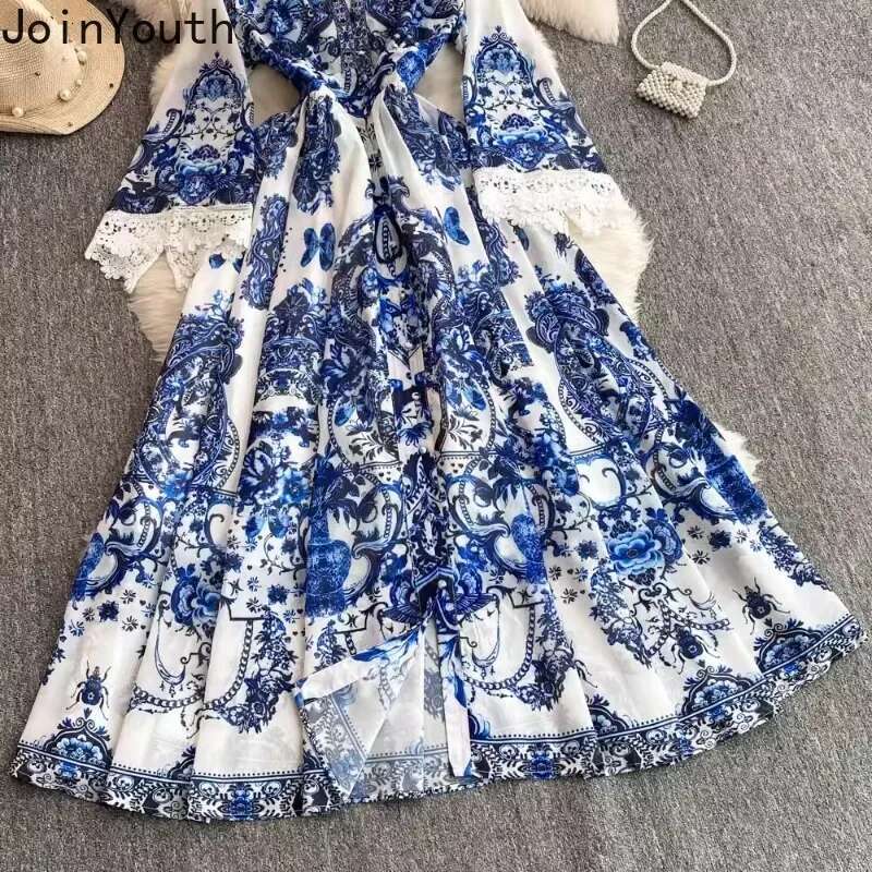 2025 Vestidos De Mujer Floral Dresses Women V-neck Slim Waist Lace Flare Sleeve Robe Femme Vintage Big Swing Elegant Maxi Dress