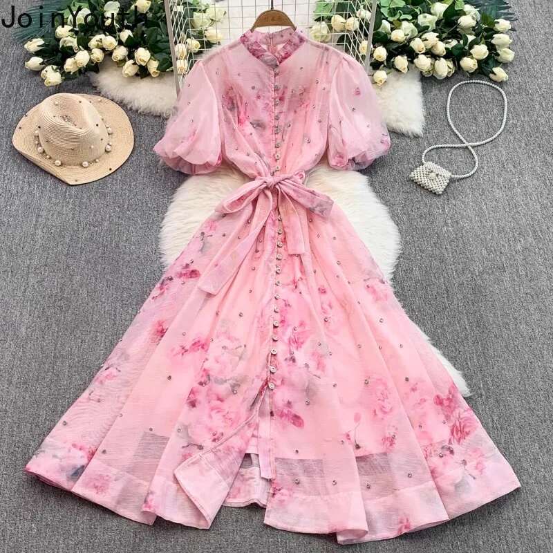 Vintage Dresses for Women Stand Neck Puff Sleeve Big Swing Robe Femme 2025 Vestidos De Mujer Single Breasted Print Summer Dress