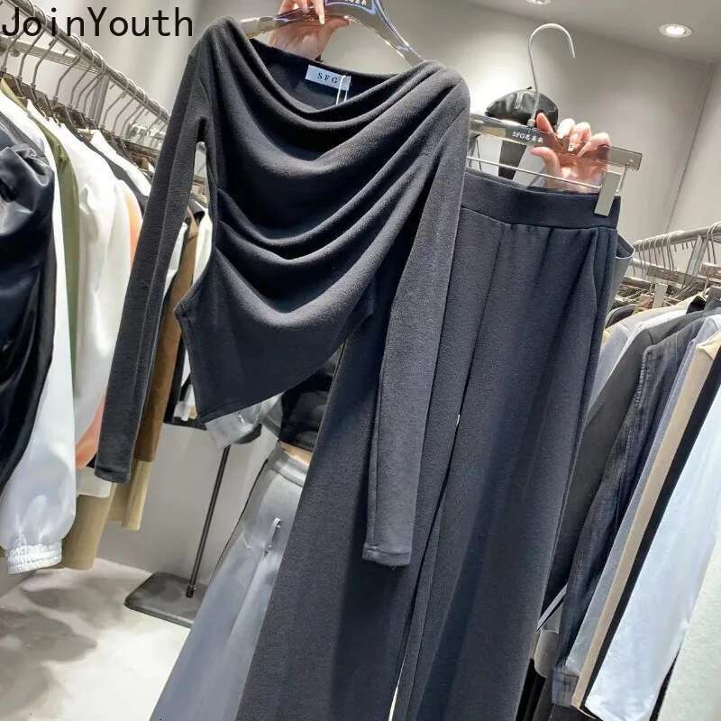 2025 Women Clothing Korean Two Piece Sets Slim Waist Irregular Tops High Waist Straight Wide Leg Pants Outfits Casual Chic Suit