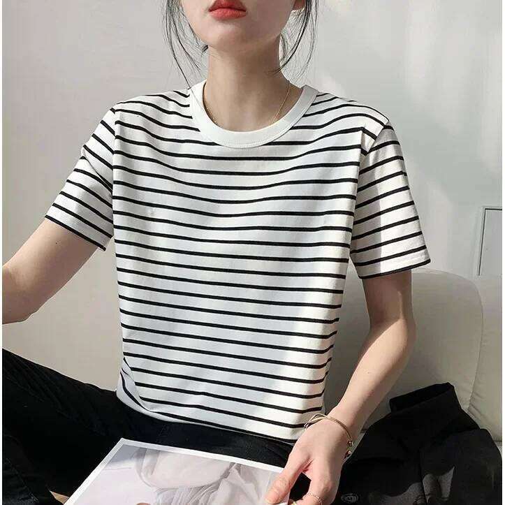 Trendy Korean Style Black And White Striped Women's Short Sleeve T-Shirt Loose Fit Round Neck Base Layer Top For Summer 2023