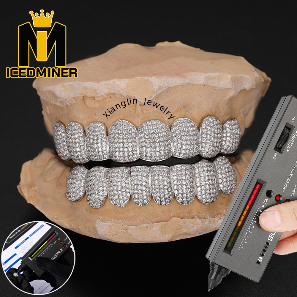 Icedminer Custom Silver Real Diamond Bling Tooth Grills for Men Jewelry Pass Test Moissanite S925 Silver Teeth Grillz