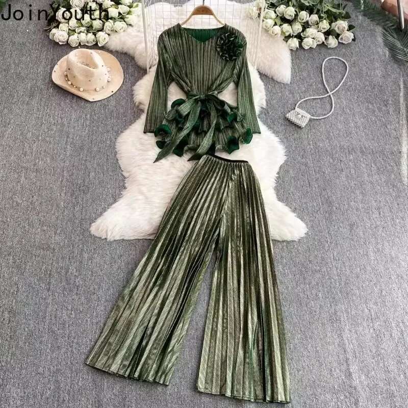 Two Piece Sets Womens Clothing V-neck Ruffles 3D Floral Blouses High Waist Pleated Wide Leg Pants Outfits Fashion Korean Suit
