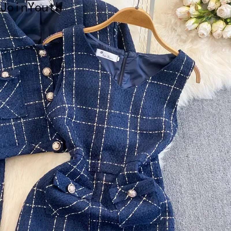 Two Piece Sets Womens Outifits Temperament Dress Suit Turndown Collar Long Sleeve Crop Jackets Tunic Tweed Plaid Dresses Set