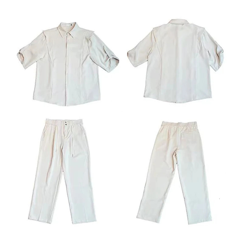 Summer Ice Silk Mens Suits Casual Short Sleeve Shirt And Pants Two-piece Set Ruffled Handsome Draped Korean Style Loose Set 250619