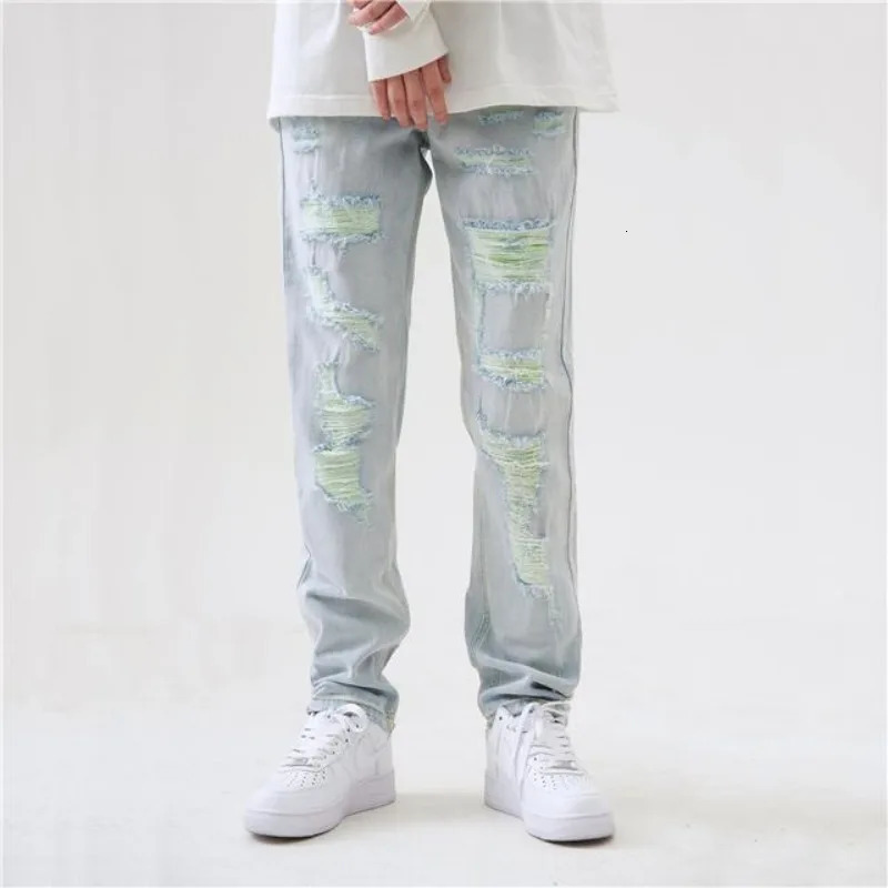 Distressed Trendy Street Ripped Light Blue Jeans Men Slim Fit Hip-hop Korean Style Pants Casual Summer Washed Denim Jeans 250617